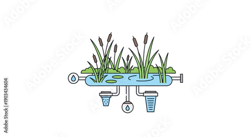 Illustration of a natural water purification system with plants and filters, showcasing ecological technology.