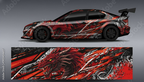 Red and black sports car with aggressive dragon graphic wrap design.