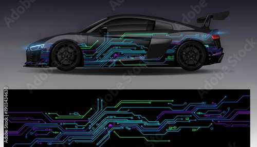 Black sports car with futuristic circuit board graphic wrap design, showcasing glowing electronic patterns and intricate lines.