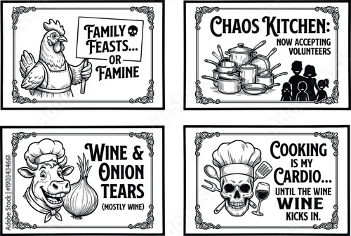 Vintage kitchen cooking sign posters, humorous food quotes and chef illustrations vector collection on transparent background