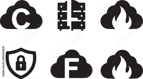 Cloud firewalls icon set. Digital fire around a cloud flat black symbol and sign. Vector illustration of Cybersecurity and Digital Safety