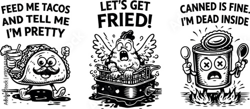 Retro kitchen poster vector set, cooking humor quotes and culinary sign illustrations on transparent background