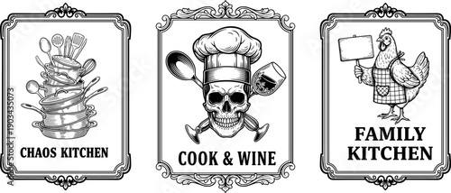Retro kitchen sign posters vector collection, humorous cooking and family kitchen illustrations on transparent background