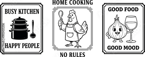 Vintage kitchen humor poster collection, cooking food quotes and comic chef artwork on transparent background