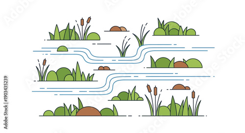 Abstract illustration of a flowing river with green grass and reeds, depicting a serene natural landscape.