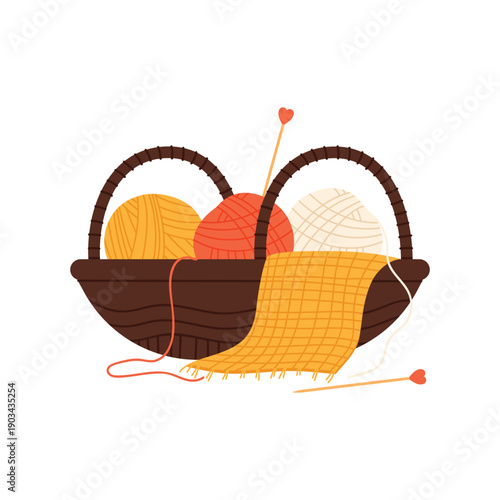 Basket knitting needles. Yarn basket, handmade hobby, handicraft instruments cartoon vector illustration