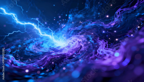 Vector illustration of an abstract movement of plasma discharges with bright blue and purple hues, simulating an electrical storm.
