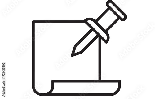 Document icon with dagger stabbed into paper, black outline line art symbol of cyber attack, data breach or malware threat, minimal vector style isolated on white background