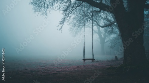 Eerie abandoned swing in a foggy forest
