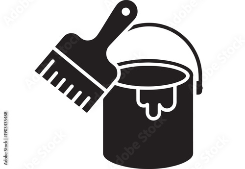 Paint can icon with brush and dripping paint, black silhouette graphic for renovation, home improvement, DIY decoration, construction, coating and color service symbol