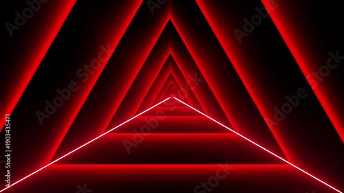 Abstract red neon triangle tunnel background, futuristic geometric glowing light animation loop