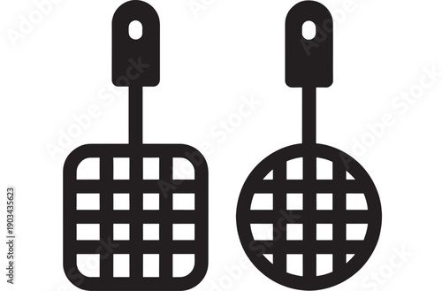 Spatula and skimmer kitchen utensil icons with grid slots, solid black silhouette pair isolated on white background, minimal flat glyph symbol for cooking tools