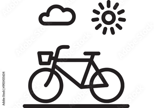 Bicycle weather icon set with cloud and sun symbols, minimalist black outline pictograms for forecast app UI, cycling conditions, web interface, and signage