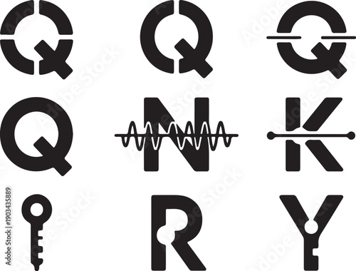 Quantum cryptography alphabet letters icon set. Flat black silhouette atoms forming a lock symbol. Cybersecurity and digital safety vector illustration art