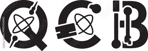 Quantum cryptography icon. Flat black silhouette atoms forming a lock symbol. Cybersecurity and digital safety vector illustration art