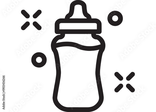 Baby bottle icon with milk level line, minimal black outline vector isolated on white background, infant feeding symbol for nursery, parenting, and childcare apps