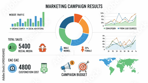 A data visualization presents marketing campaign performance metrics with charts and graphics