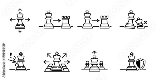 Chess king movement and strategy icons on dark background