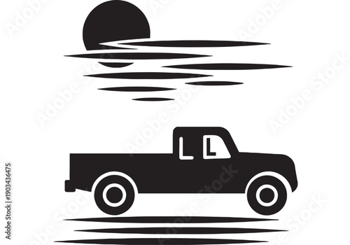 Pickup truck silhouette icon with moon and clouds, minimalist black and white vector illustration for transport, delivery, logistics, road trip, and automotive design