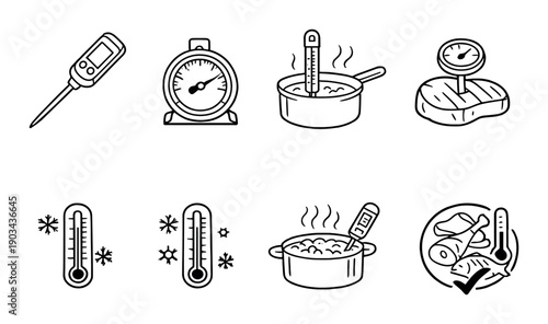 Cooking temperature tools and icons for measuring food safety and precision