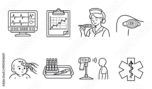 Healthcare icons: heart monitor, medical chart, nurse, oxygen mask, child, test tubes, thermometer, temperature check, medical symbol