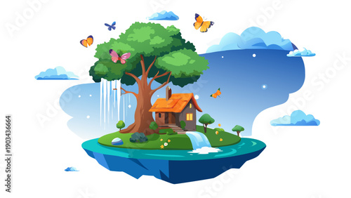 Dreamlike floating island with a cozy cottage, giant tree, and butterflies in a flat vector style.