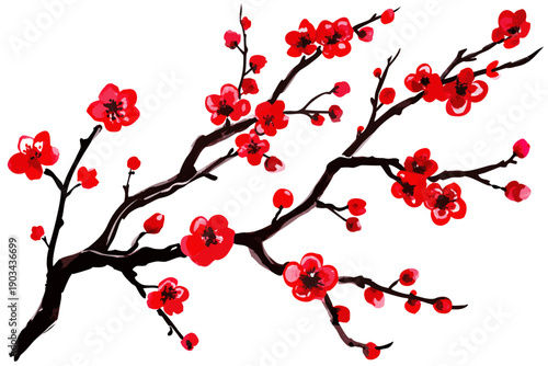 Red plum blossom branches painted in traditional Chinese ink wash style,