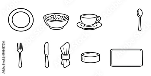 Minimalist dining icons set: plate, bowl, cup, spoon, fork, knife, napkin, dish