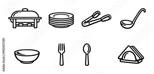 Set of minimalist black kitchenware icons on dark background