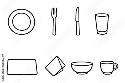 Outline icons of dining utensils and tableware on dark background