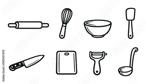 Monochrome kitchen utensils icons on dark background