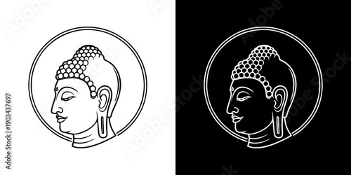Buddha head illustration in circular frame, side view, spiritual symbol, serene atmosphere