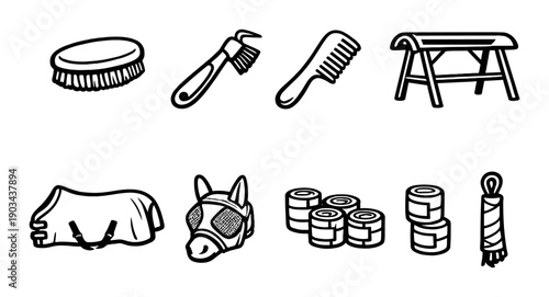 Equestrian equipment icons: saddle, bridle, brushes, bandages, and lunging accessories