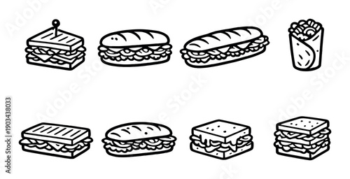 Monochrome icon set of various sandwiches and fast foods on dark background