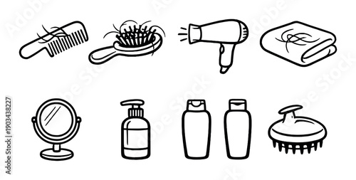 Hair care icons: comb, brush, hairdryer, towel, mirror, shampoo, conditioner, massager