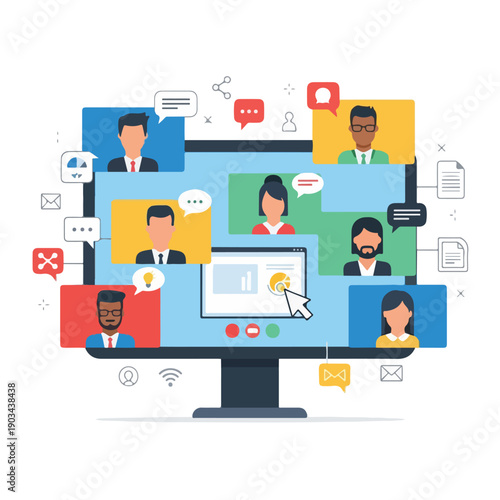 A digital meeting with various icons, speech bubbles, and people