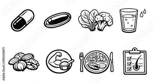 Health and nutrition icons: supplements, vegetables, water, balanced meals