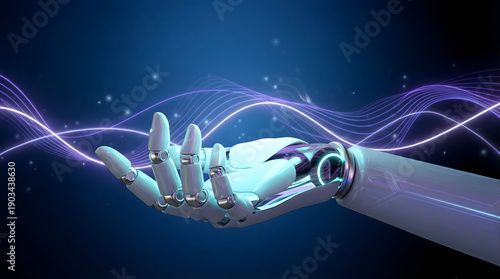 White futuristic robotic hand with metallic details and glowing blue lights presents an open palm on a dark blue background featuring wavy purple ener