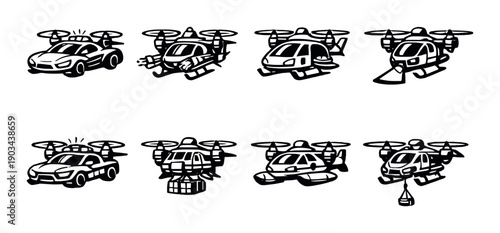 Stylized drone and vehicle illustrations with unique functions on gray background