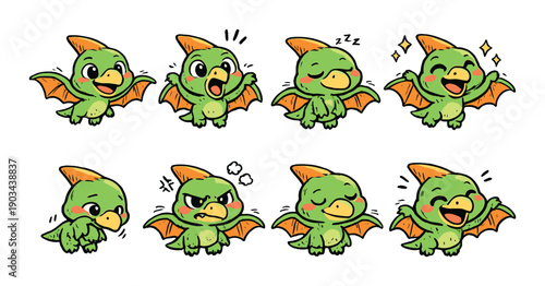 Cute cartoon dragon expressions set: happy, angry, sleepy, excited emotions