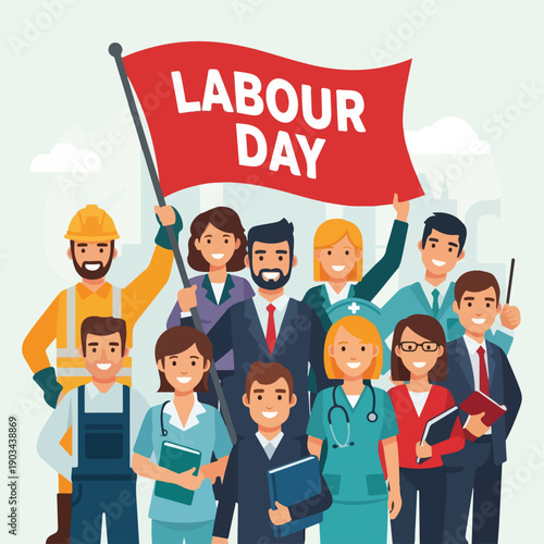 A diverse group celebrates with a flag, representing the working class