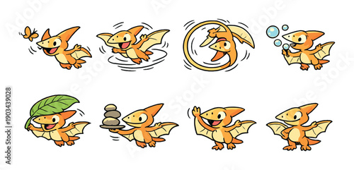 Cheerful orange cartoon dragon engaging in various playful activities