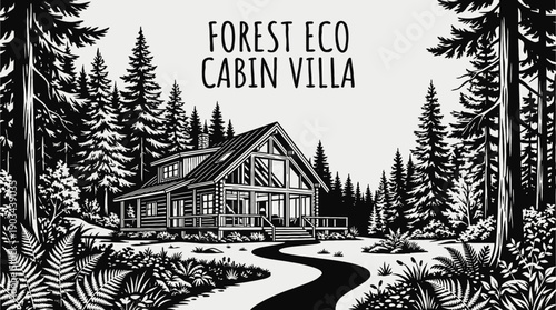 forest eco cabin villa architecture building integrating sustainable residential property real estate design with natural exterior construction in rural woodland landscape for housing investment