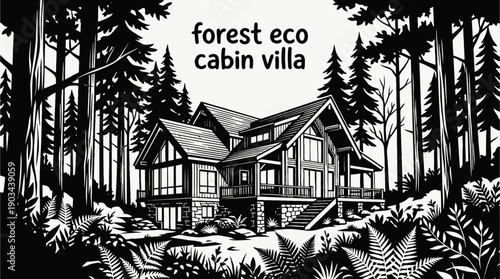 forest eco cabin villa architecture building integrating sustainable residential property real estate design with natural exterior construction in rural woodland landscape for housing investment