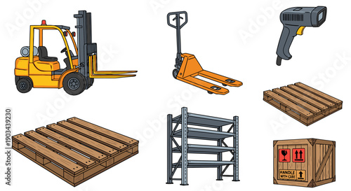 Warehouse equipment and packaging materials including forklift, pallet jack, wooden pallets, metal rack, and cardboard box are arranged neatly in an illustration.