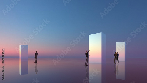 Foto Surreal design with people interacting with glowing monoliths