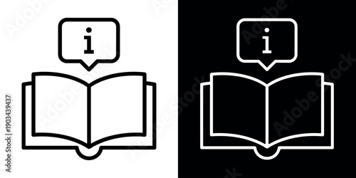 Manual book icon set with information speech bubble for user guide and instruction tutorial Black White Background. Vector illustration.