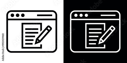Browser edit icon with document and pencil for online content creation copywriting and blogging interface Black White Background. Vector illustration.