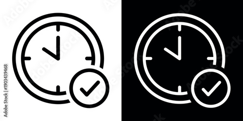 Time management icon with clock and checkmark symbol for completed task Black White Background. Vector illustration.