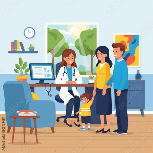 A doctor examining a child with family present in a medical office